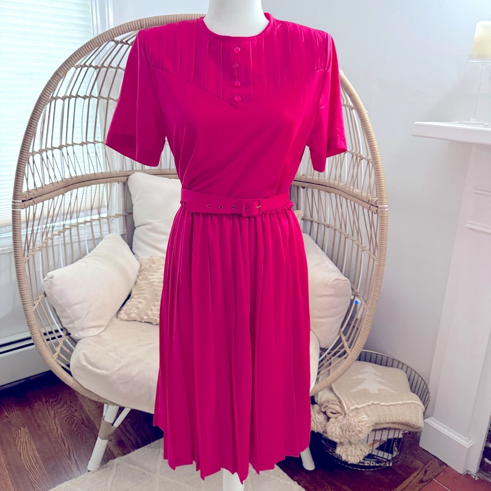 Vintage Blair Boutique Pink Pleated Midi Dress Belted 8P Retro Costume Feminine